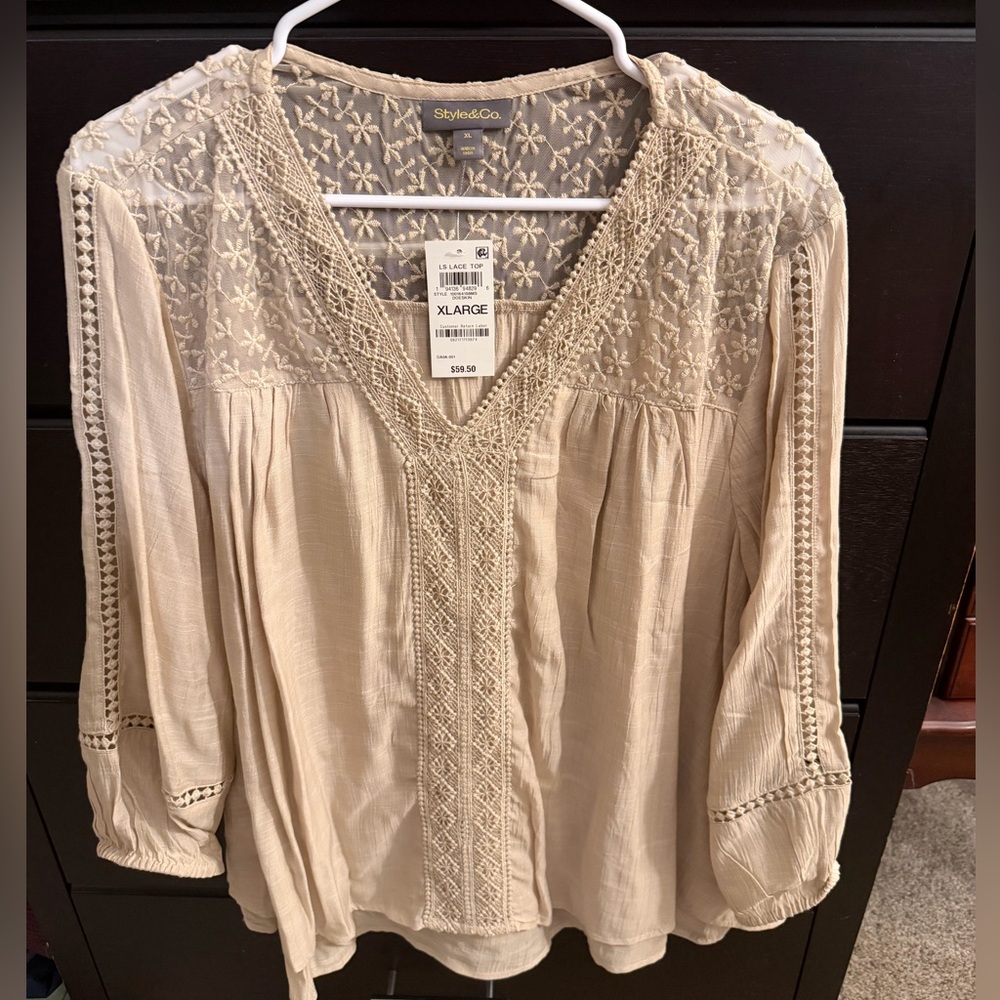Style & Co. Cream Embroidered Peasant Blouse